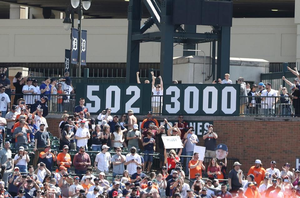 The milestone counter changes to 3,000 for Miguel Cabrera during the first inning in Game 1 of the doubleheader, a 13-0 Detroit Tigers win over the Colorado Rockies, on Saturday, April 23, 2022 at Comerica Park.