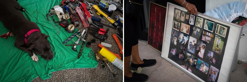 LEFT: Pepper rests near a pile of tools that belonged to Tonya Hogan's late husband, Danny Hogan, at her apartment in Melvindale on Friday, July 14, 2023. RIGHT: Tonya Hogan, 50, finds old family photographs inside her Public Storage unit in Dearborn on Thursday, June 29, 2023.