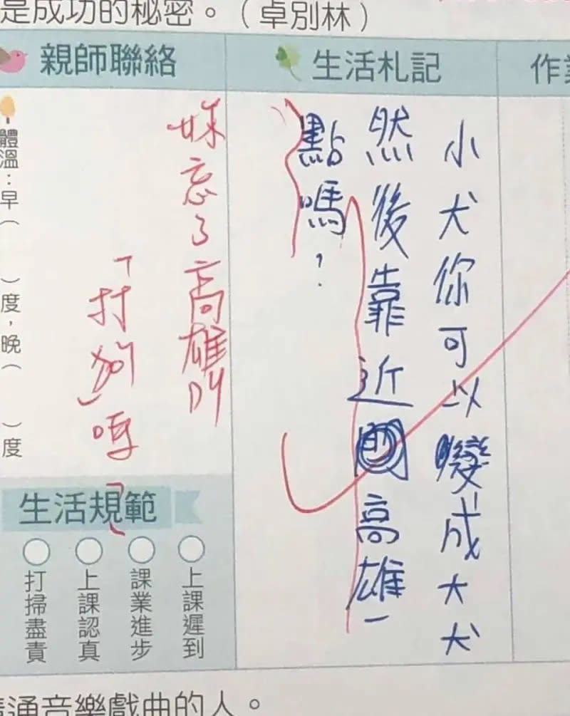 ▲一名高雄小學生在聯絡簿寫下希望小犬變大犬，然後再靠近一點，讓老師哭笑不得。（圖/高雄點臉書）