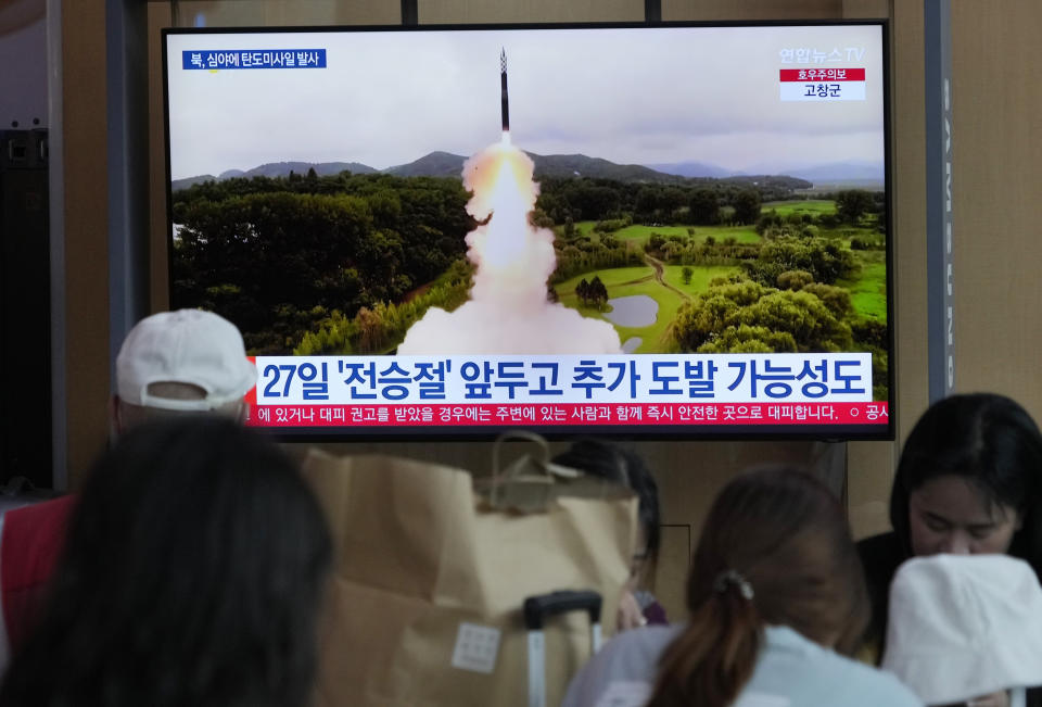 A TV screen shows a file image of North Korea's missile launch during a news program at the Seoul Railway Station in Seoul, South Korea, Tuesday, July 25, 2023. North Korea fired two short-range ballistic missiles into its eastern sea, South Korea's military said Tuesday, adding to a recent streak in weapons testing that is apparently in protest of the U.S. sending major naval assets to South Korea in a show of force. (AP Photo/Ahn Young-joon)