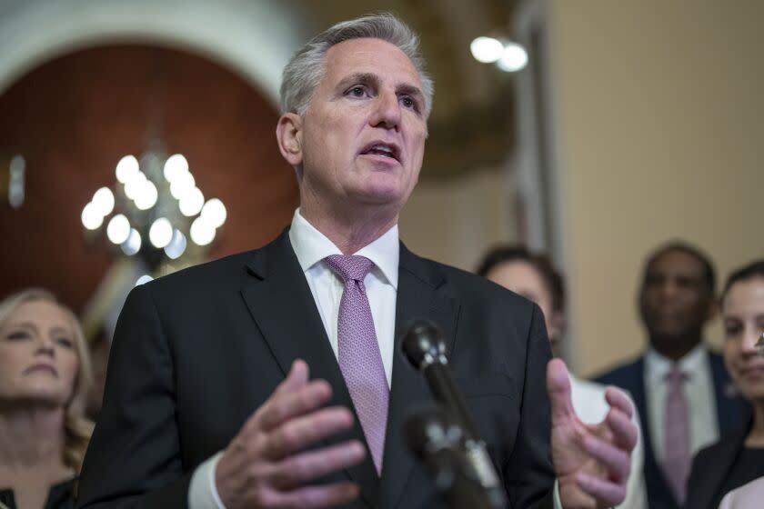 FILE - House Speaker Kevin McCarthy, R-Calif., talks to reporters at the Capitol in Washington, March 24, 2023. This year's debt ceiling debate has a different feel to it for some lawmakers. The most recent debates over increasing the nation's borrowing authority generally have been contentious but resolved before markets started to panic. But this year, a new Republican majority in the House is itching for a spending showdown. (AP Photo/J. Scott Applewhite, File)