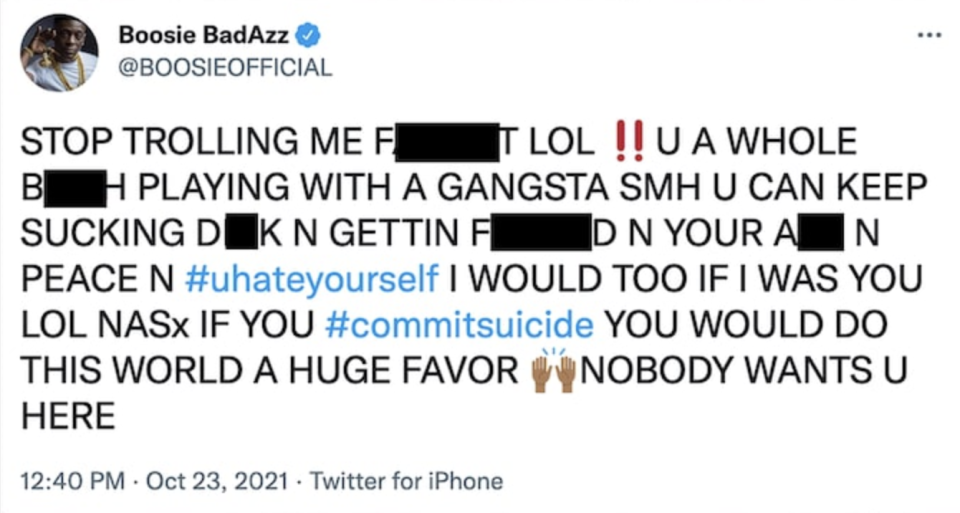 Anti-gay text, including, "Stop trolling me, f*ggot, u a whole bitch playing with a gangsta"