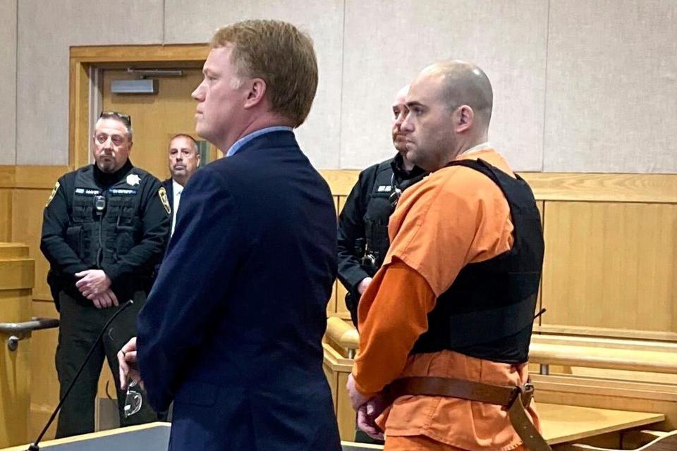 Joseph Eaton, the suspect in a shooting spree in Maine, appears in court in West Bath, Maine, Thursday, April 20, 2023. Eaton, who police say confessed to killing four people in a home and then shot three others randomly on a busy highway Tuesday, had been released days earlier from prison.