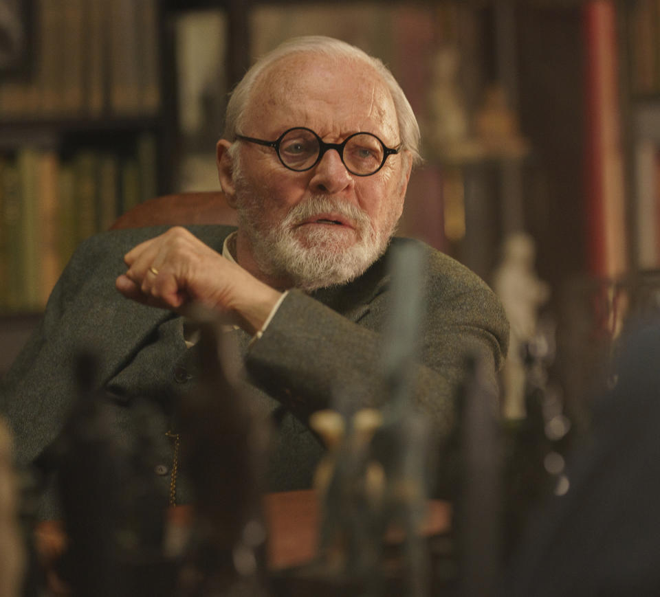 This image provided by Sony Pictures Classics shows Anthony Hopkins as Sigmund Freud in a scene from "Freud's Last Session." (Sabrina Lantos/Sony Pictures Classics via AP)