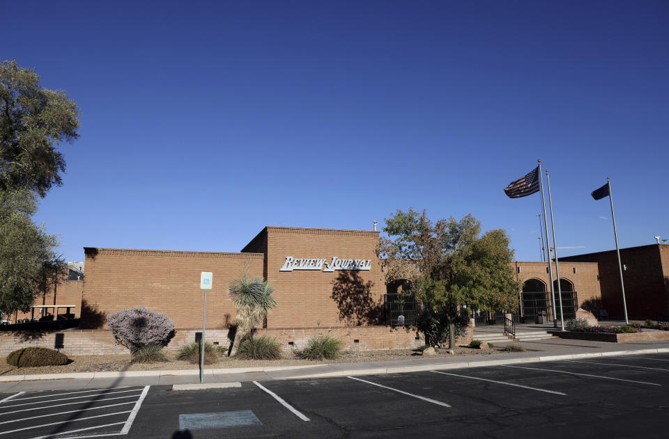 The entrance to the Las Vegas Review-Journal campus is shown in Las Vegas, Wednesday, Aug. 30, 2023. The Review-Journal is being viciously attacked, either because of a misunderstanding or willful attempt to mislead, over its coverage of an alleged murder. (K.M. Cannon/Las Vegas Review-Journal via AP)