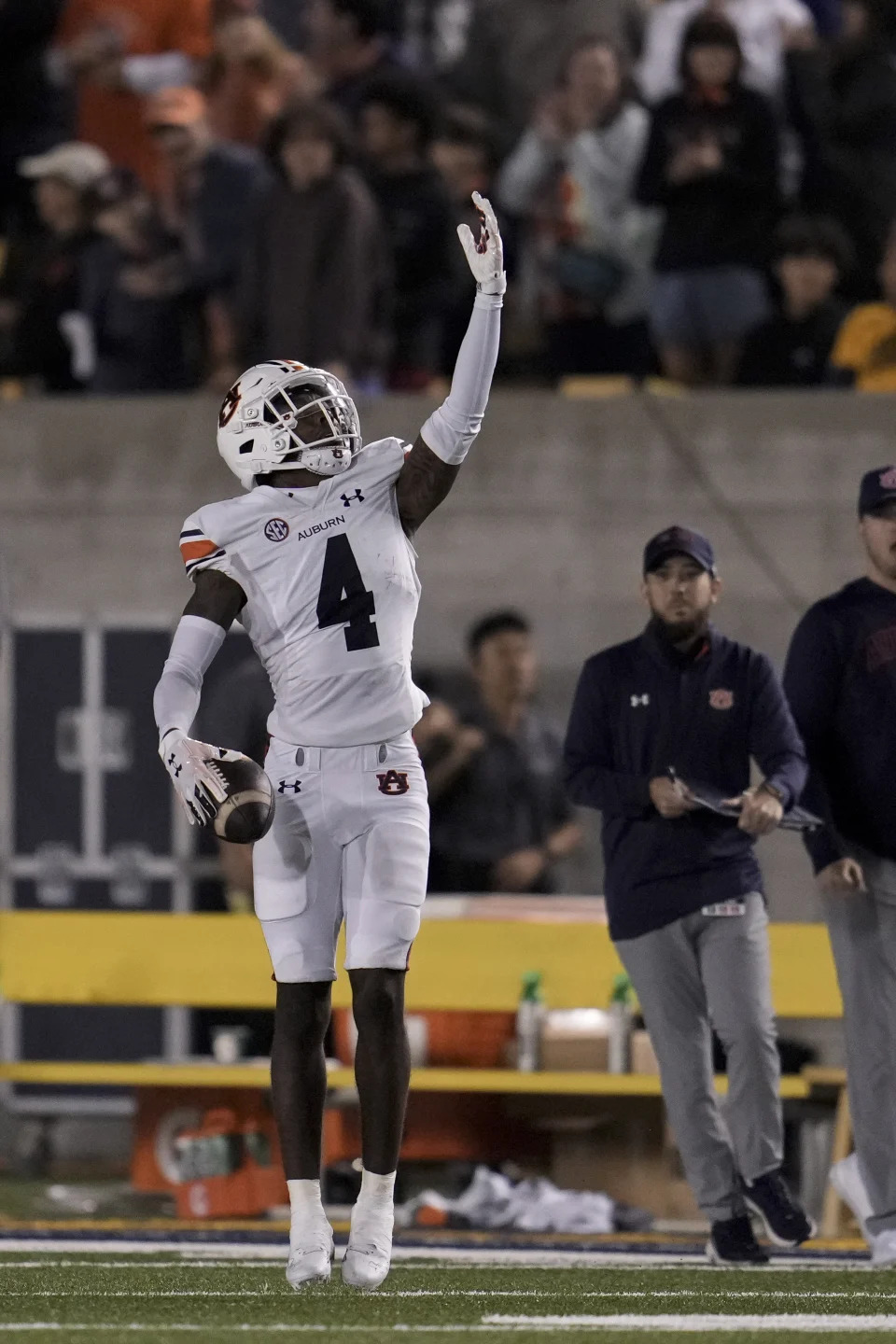 Auburn cornerback D.J. James reacts after intercepting a California pass in the end zone during the second half of an NCAA college football game Saturday, Sept. 9, 2023, in Berkeley, Calif. (AP Photo/Godofredo A. Vásquez)