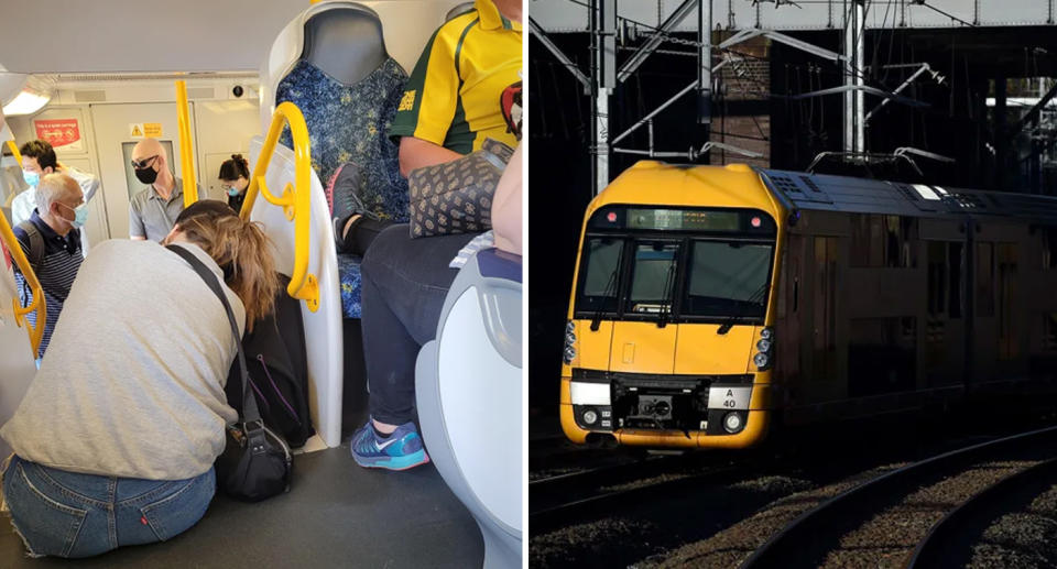 A photo of a woman on a train sitting on the stairs, next to a woman sitting down with her foot up on the opposite seat.