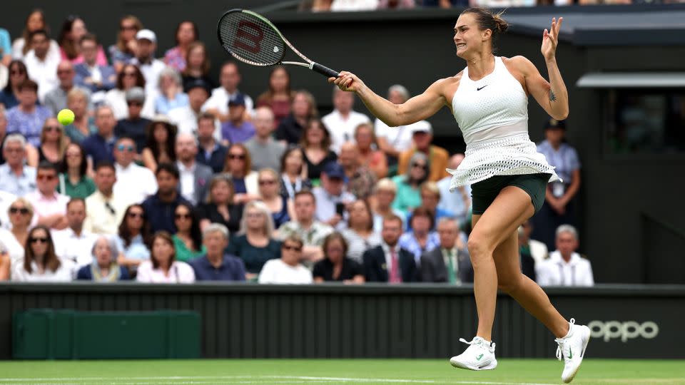 Tennis player Aryna Sabalenka pictured at this year's Wimbledon, the first edition of the tournament to permit female competitors to wear dark-colored shorts under their all-white outfits. - Patrick Smith/Getty Images