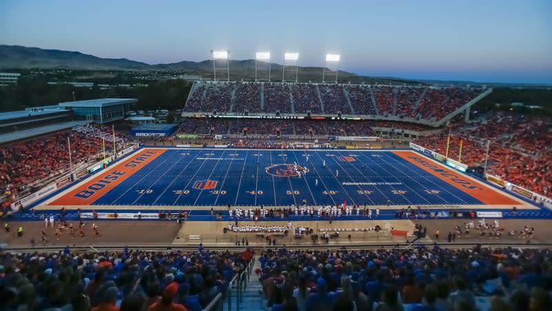 This 2015 file photo shows a general view of Albertsons Stadium during the first half of a college football game between Idaho State and Boise State in Boise, Idaho. The blue turf that brought fame to BSU’s stadium could end up in a trademark battle.