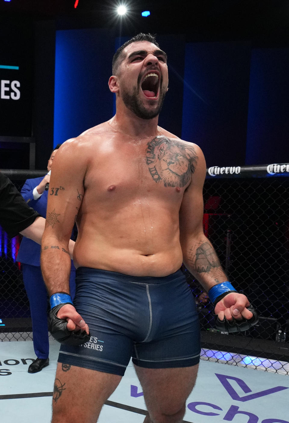 LAS VEGAS, NEVADA – AUGUST 08: Caio Machado of Brazil reacts after his victory over Kevin Szaflarski of Austria in a heavyweight fight during Dana White’s Contender Series season seven, week one at UFC APEX on August 08, 2023 in Las Vegas, Nevada. (Photo by Al Powers/Zuffa LLC)