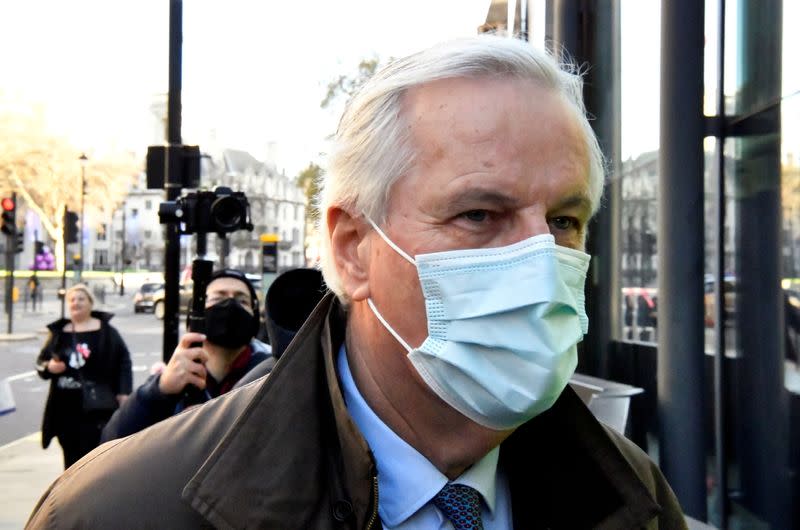 EU chief Brexit negotiator Michel Barnier, wearing a face mask, is seen in London as Brexit talks continue