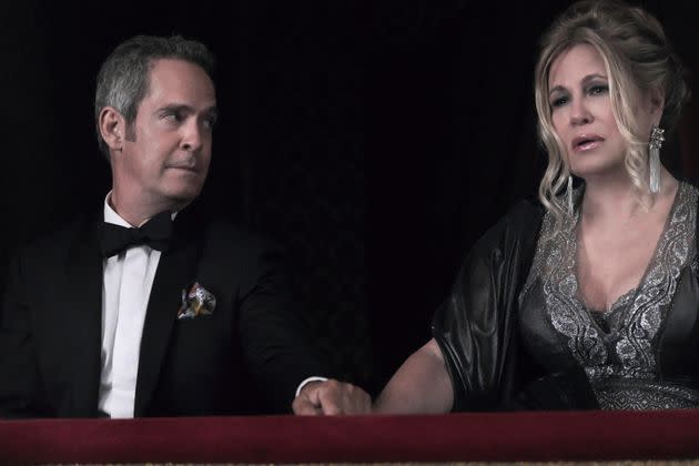 Tom Hollander as Quentin and Jennifer Coolidge as Tanya in the second season of “The White Lotus.” 