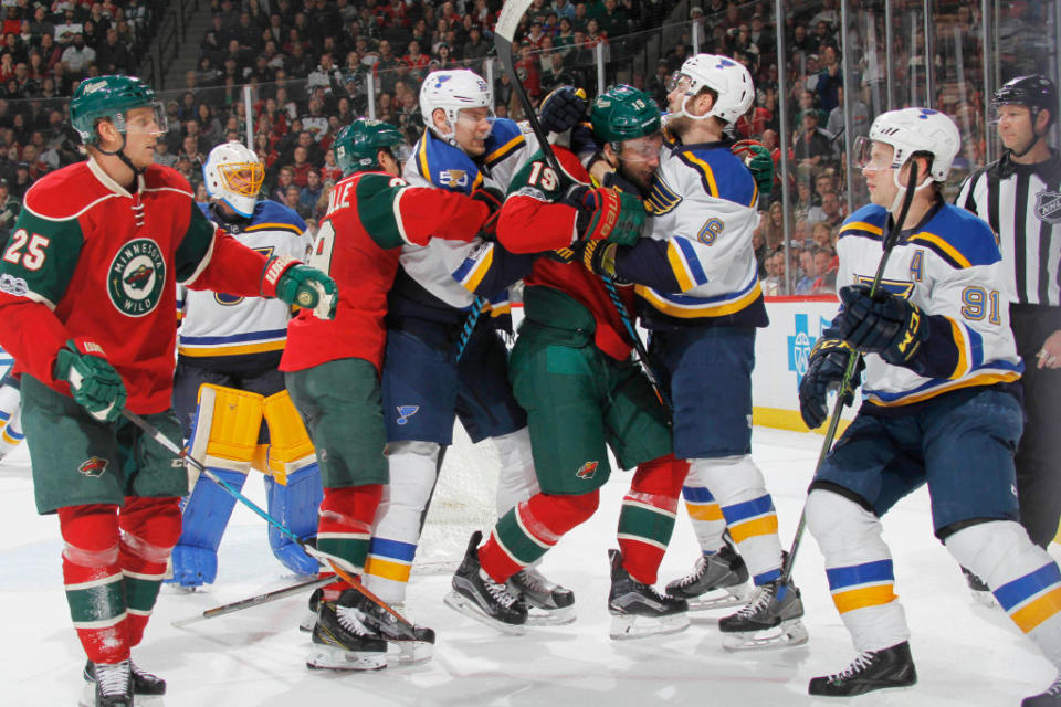 ST. PAUL, MN – MARCH 7: (L-R) Jonas Brodin #25, Jason Pominville #29, and Martin Hanzal #19 of the Minnesota Wild get into a scrum with Colton Parayko #55, Joel Edmundson #6, and Vladimir Tarasenko #91 of the St. Louis Blues after the whistle during the game on March 7, 2017 at the Xcel Energy Center in St. Paul, Minnesota. (Photo by Bruce Kluckhohn/NHLI via Getty Images)