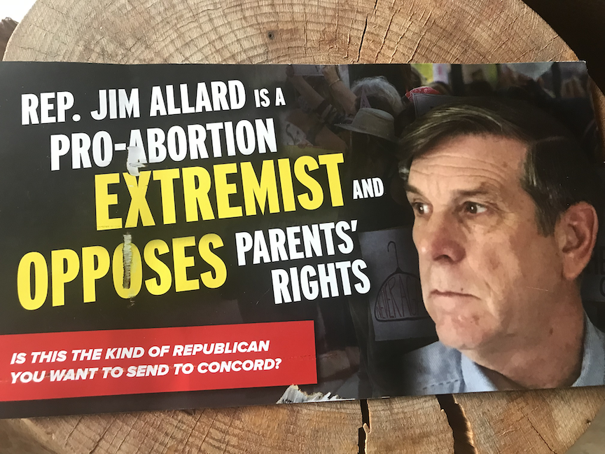 This flier targeting Republican Rep. Jim Allard of Pittsfield was sent out by Cornerstone, a Christian advocacy group. Allard, who opposed right to work, was ousted in last month’s primary.
