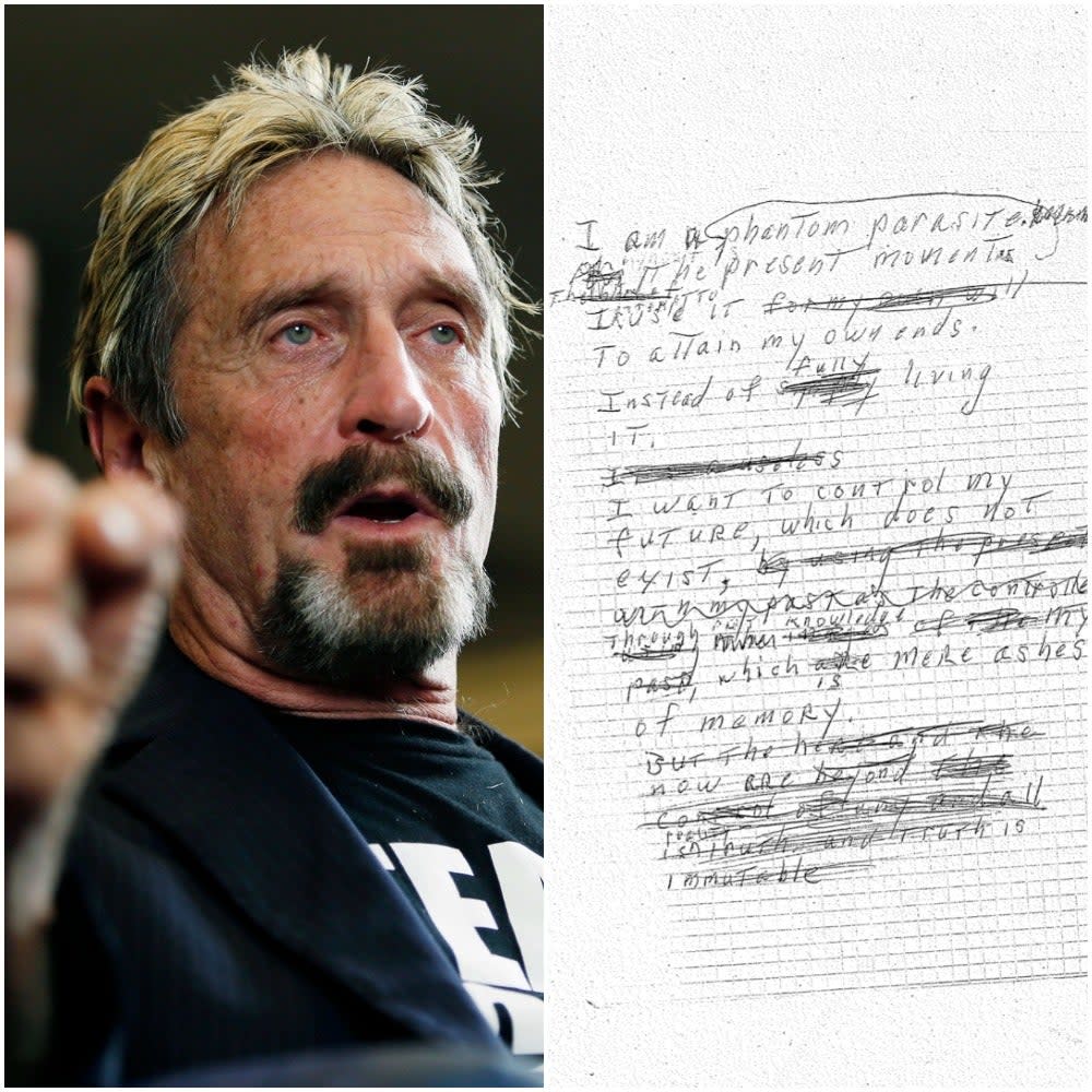 John McAfee and the alleged suicide note released by his wife ((Todd J. Van Emst/Opelika-Auburn News via AP, File) Twitter / Janice McAfee)