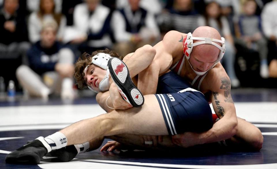 Penn State’s Levi Haines wrestles Nebraska’s Peyton Robb in the 157 lb bout of the match on Sunday, Feb. 18, 2024 in Rec Hall. Abby Drey/adrey@centredaily.com