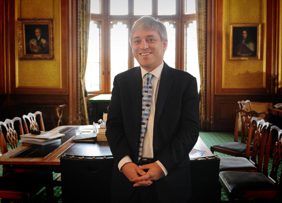 FILE - In this Tuesday June 23, 2009 file photo, the new Speaker of the British House of Commons, John Bercow, is photographed at his office at the House of Commons in Westminster, London, one day after he was appointed to the position. The speaker of Britain’s House of Commons has become a global celebrity for his loud ties, even louder voice and star turn at the center of Britain’s Brexit drama. On Thursday Oct. 31, 2019, he is stepping down after 10 years in the job. (Stefan Rousseau/Pool via AP, File)
