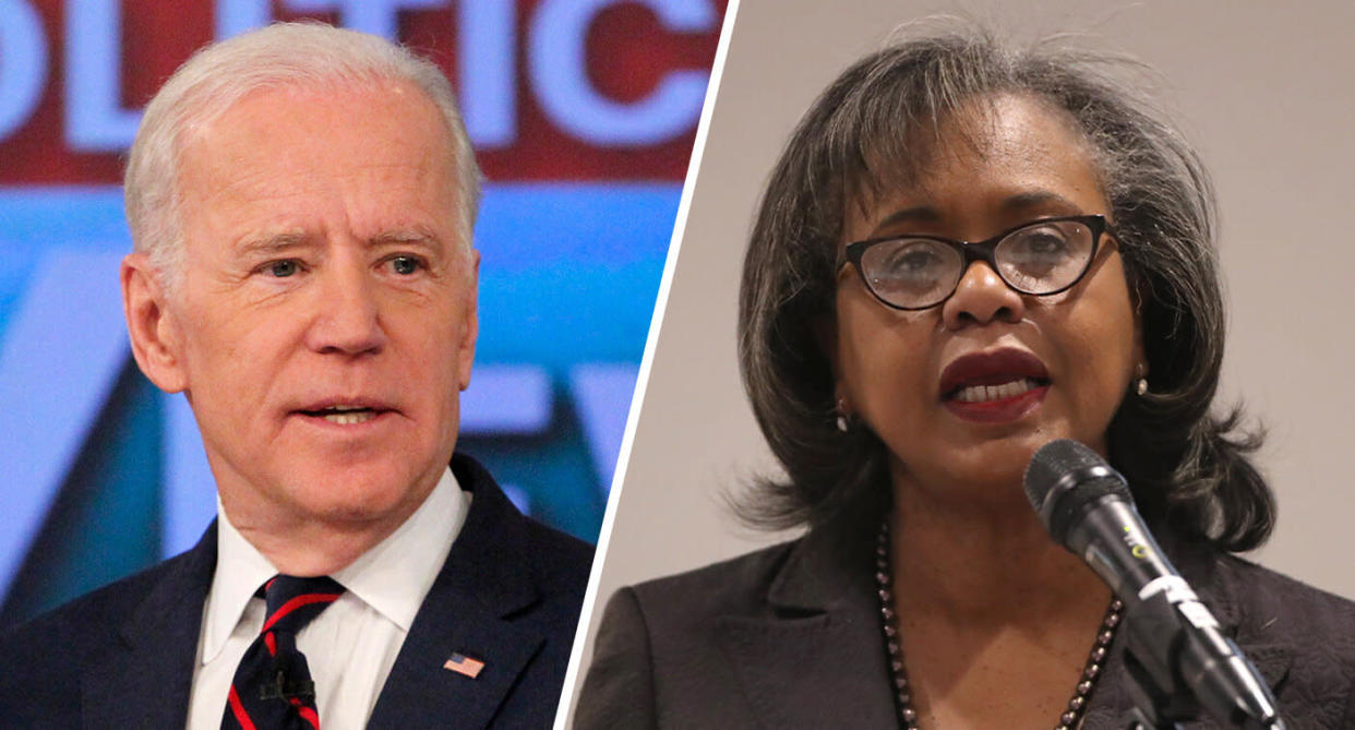 Former Vice President Joe Biden and professor Anita Hill. (Photos: Lou Rocco/ABC via Getty Images; George Frey/Getty Images)