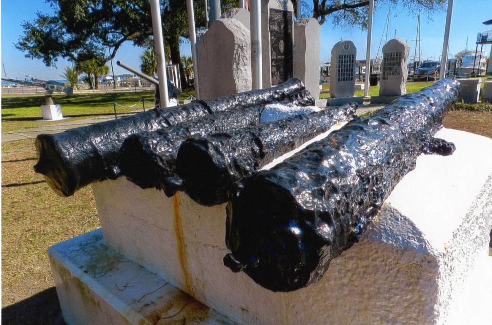KAT BERGERON/SPECIAL TO THE SUN HERALDAn oysterman found these four colonial cannons in 1892 on a sunken ancient ship in Biloxi Bay. Several of the original wooden carriages for the cannon were also recovered in good condition at that time. They are at Guice Park in Biloxi.