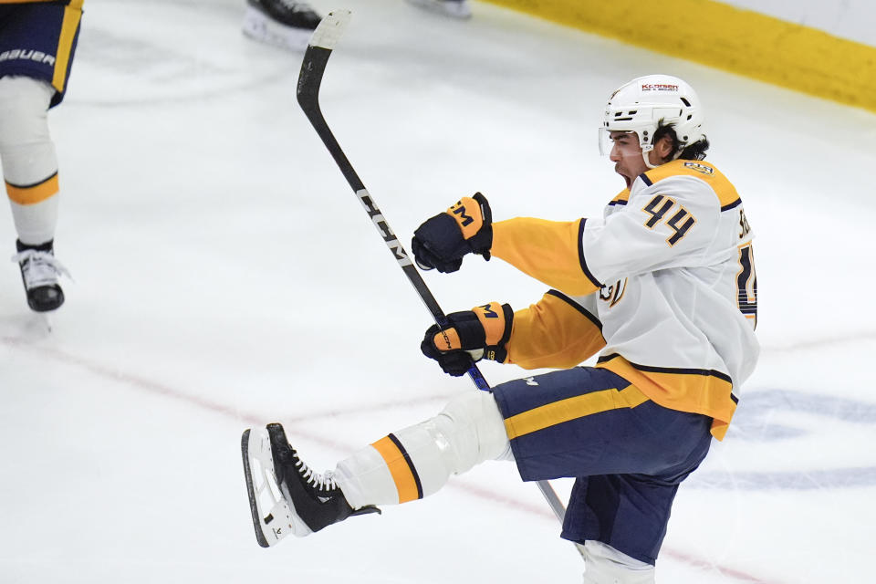 Nashville Predators left wing Kiefer Sherwood celebrates his goal against the Chicago Blackhawks during the first period of an NHL hockey game Friday, April 12, 2024, in Chicago. (AP Photo/Erin Hooley)