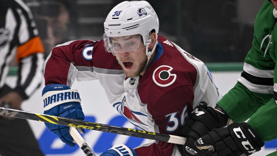 Colorado Avalanche left wing Anton Blidh (36) in action during the game between the Dallas Stars and the Colorado Avalanche at the American Airlines Center