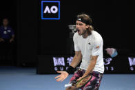 Stefanos Tsitsipas of Greece reacts after losing a point to Novak Djokovic of Serbia during the men's singles final at the Australian Open tennis championship in Melbourne, Australia, Sunday, Jan. 29, 2023. (AP Photo/Aaron Favila)