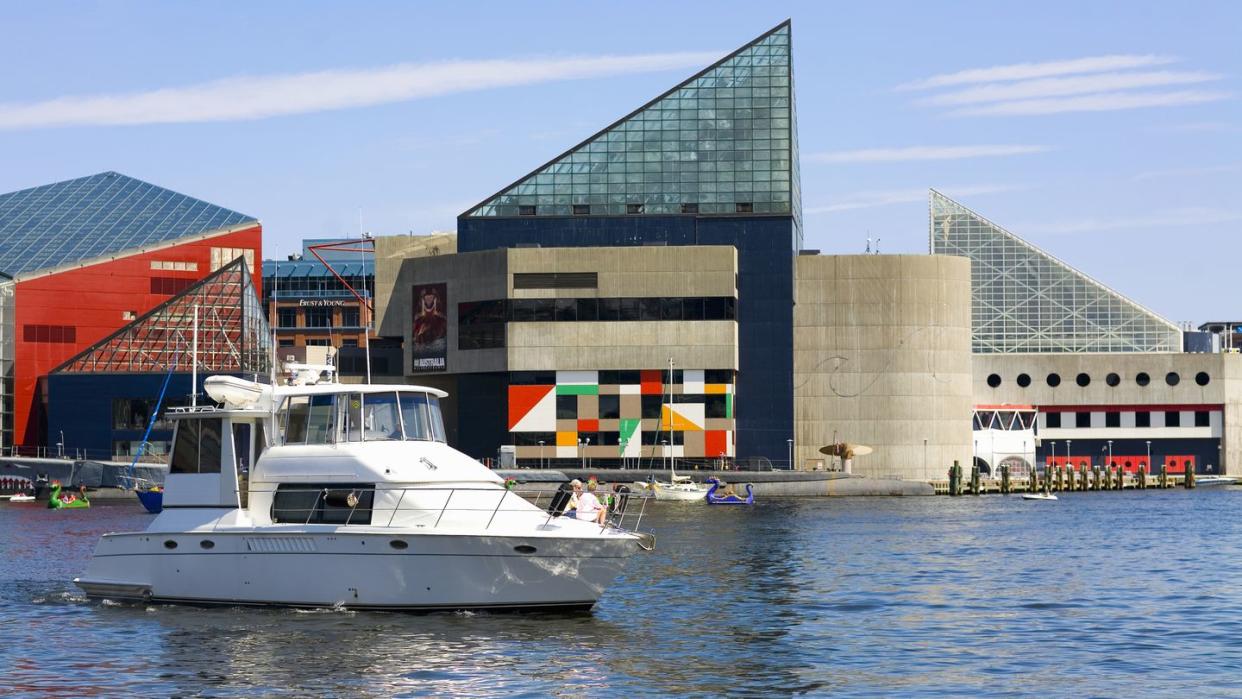 motorboat at a harbor, inner harbor, baltimore, maryland, usa