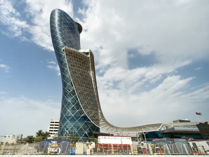 A photo of Capital Gate tower in Abu Dhabi, a skyscraper that's also known as the Leaning Tower of Abu Dhabi.