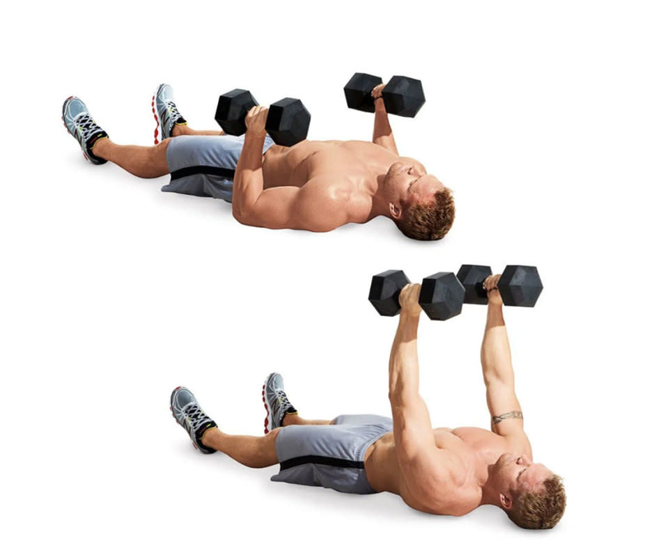 <p>Lie on the floor, holding dumbbells at your chest, to start. Slowly lower your upper body to the floor, then extend your arms so dumbbells are in a bench press position. Lower elbows to the floor, making sure to keep tension in your lats so upper arms are at 45 degrees to your torso. When elbows touch the floor, extend arms to the starting position. That's 1 rep.</p>