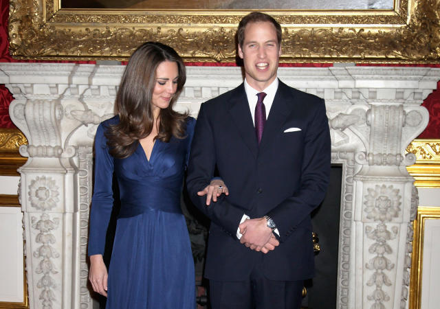 LONDON, ENGLAND - NOVEMBER 16:  Prince William and Kate Middletonarrive to pose for photographs in the State Apartments of St James Palace on November 16, 2010 in London, England. After much speculation, Clarence House today announced the engagement of Prince William to Kate Middleton. The couple will get married in either the Spring or Summer of next year and continue to live in North Wales while Prince William works as an air sea rescue pilot for the RAF. The couple became engaged during a recent holiday in Kenya having been together for eight years.  (Photo by Chris Jackson/Getty Images)