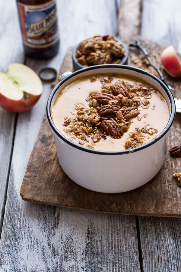 <strong>Get the <a href="http://www.halfbakedharvest.com/brie-cheddar-apple-beer-soup-cinnamon-pecan-oat-crumble/" target="_blank">Brie And Cheddar Apple Soup With Cinnamon Pecan Oat Crumble recipe</a> from Half Baked Harvest</strong>