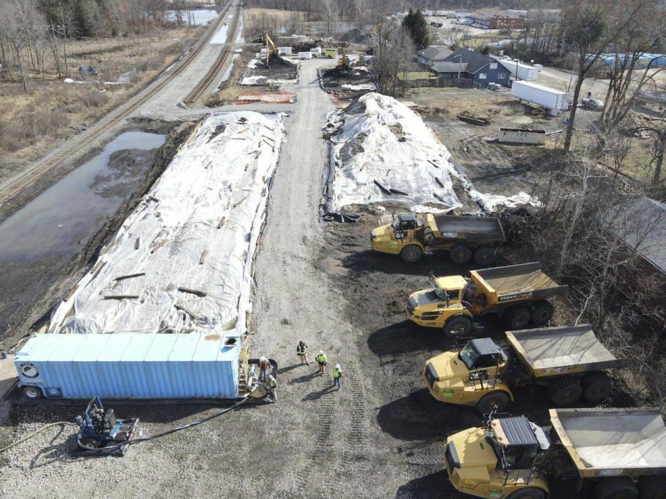 This photo released March 10, 2023, by the Ohio governor's office, shows covered piles of soils contaminated with vinyl chloride after a February train derailment in East Palestine, Ohio. Shipments of the tainted soils and liquids to treatment and storage facilities in other states have drawn protests in communities receiving the waste, but federal officials say the facilities regularly take similar wastes from elsewhere. (State of Ohio via AP)