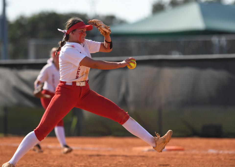 Centennial’s Hailey Brereton (3) throws a pitch against Treasure Coast during a high school softball game on Wednesday, May 3, 2023, in Port St. Lucie. 