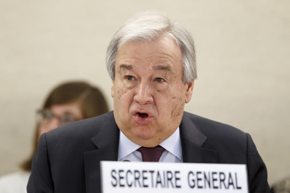 U.N. Secretary-General Antonio Guterres addresses his statement, during the opening of the High-Level Segment of the 43rd session of the Human Rights Council, at the European headquarters of the United Nations in Geneva, Switzerland, Monday, Feb. 24, 2020. (Salvatore Di Nolfi/Keystone via AP)