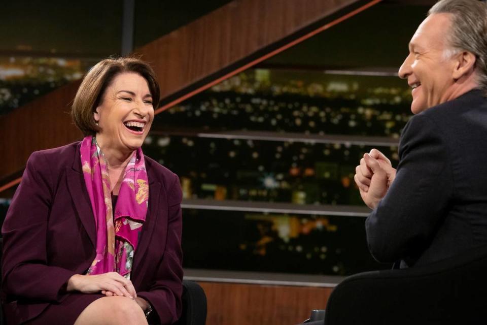 Bill Maher sits with Senator Amy Klobuchar during an episode of “Real Time” on HBO in 2020. Janet Van Ham