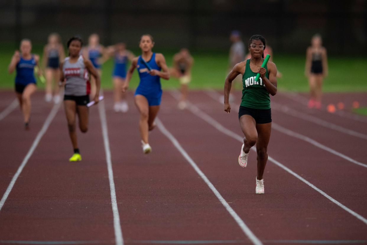 North win the 4x100 meter relay during the 2024 Southern Indiana Athletic Conference Girls Track & Field meet at Central High School in Evansville, Ind., Wednesday, May 1, 2024.