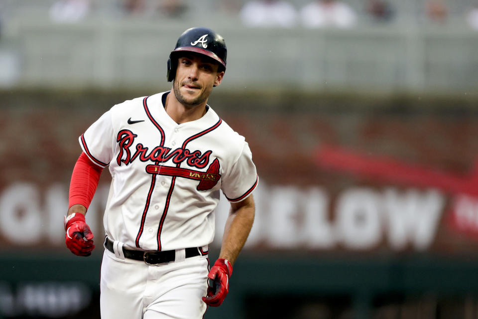 Atlanta Braves' Matt Olson rounds the bases after hitting a solo home run against the Arizona Diamondbacks during the first inning of a baseball game Saturday, July 30, 2022, in Atlanta. (AP Photo/Butch Dill)