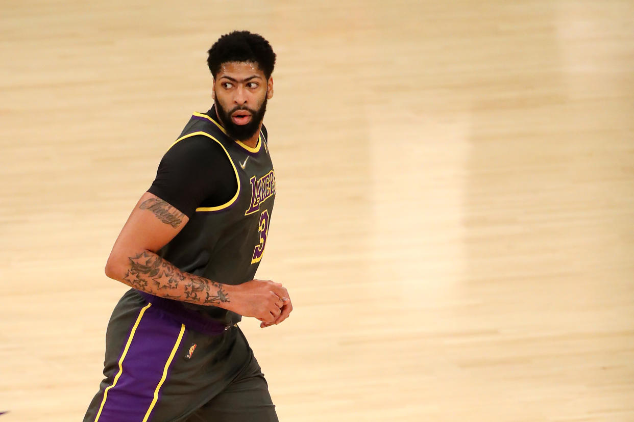 Anthony Davis #3 of the Los Angeles Lakers reacts to a play against the Denver Nuggets during the first quarter at Staples Center on May 03, 2021 in Los Angeles, California. NOTE TO USER: User expressly acknowledges and agrees that, by downloading and or using this photograph, User is consenting to the terms and conditions of the Getty Images License Agreement. (Photo by Katelyn Mulcahy/Getty Images)