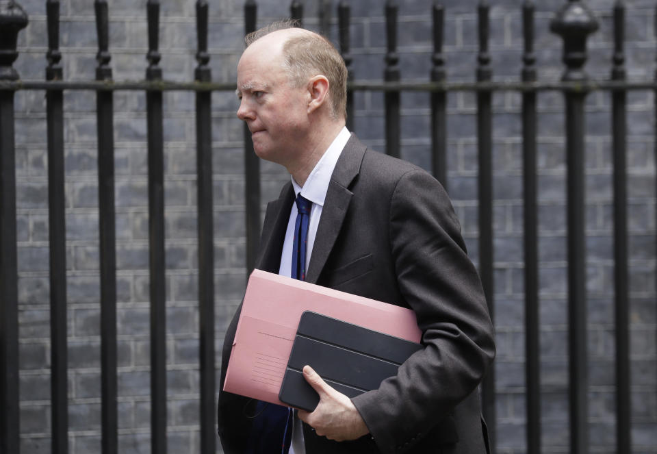 FILE - In this file photo dated Friday, May 1, 2020, Britain's Chief Medical Officer Chris Whitty arrives at Downing Street in London. Lewis Hughes and another man filmed themselves harassing Chris Whitty in a London park has pleaded guilty to assault, in court Friday July 30, 2021. (AP Photo/Kirsty Wigglesworth, FILE)