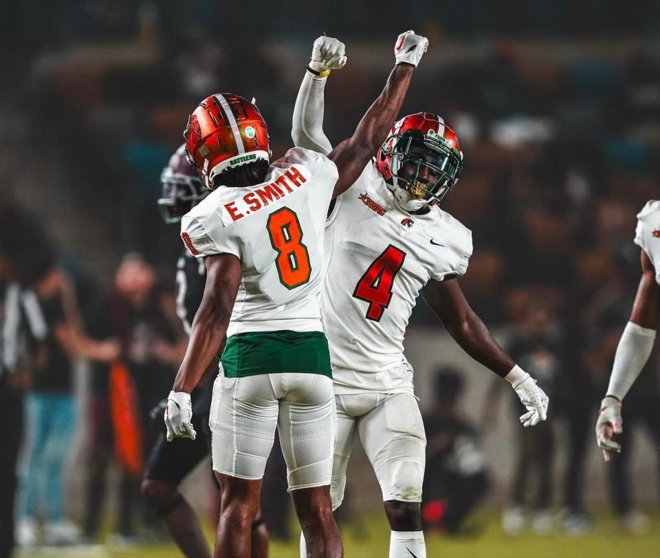 Florida A&M Rattlers defensive backs Eric Smith (8) and Kym'Mani King celebrates during a Southwestern Athletic Conference game against the Texas Southern Tigers at Shell Energy Stadium in Houston, Texas, Saturday, October 23, 2023.