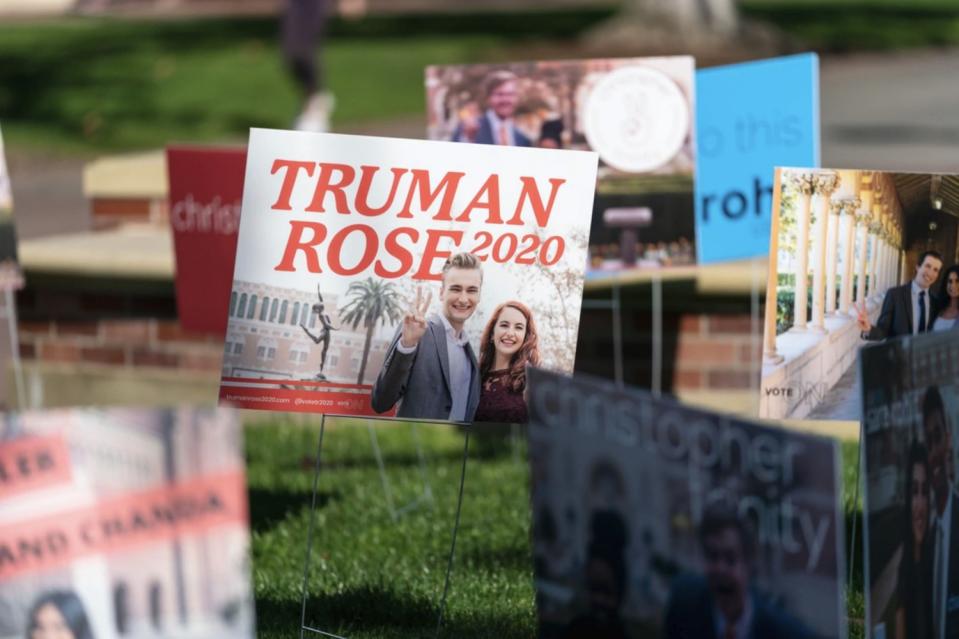 A campaign sign for USC student government candidates Truman Fritz and Rose Ritch.