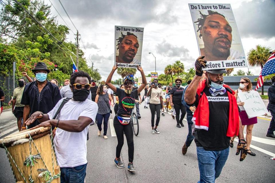 Protesters march during #Justice4Francois and all victims of police brutality rally in Little Haiti on Friday, June 19, 2020, in Miami.