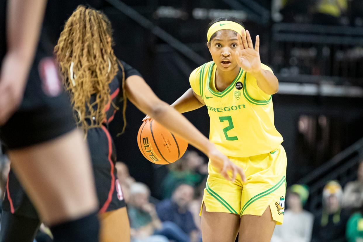Oregon guard Chance Gray calls out to her teammates as the Oregon Ducks host the No. 4 Stanford Cardinal Saturday, March 2, 2024, at Matthew Knight Arena in Eugene, Ore.