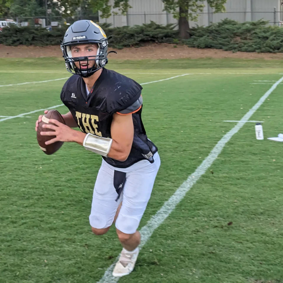 West Valley graduate quarterback Noah Mason looks for an open receiver during practice at Shasta College for the 46th Lions All Star game on Tuesday, June 13, 2023.