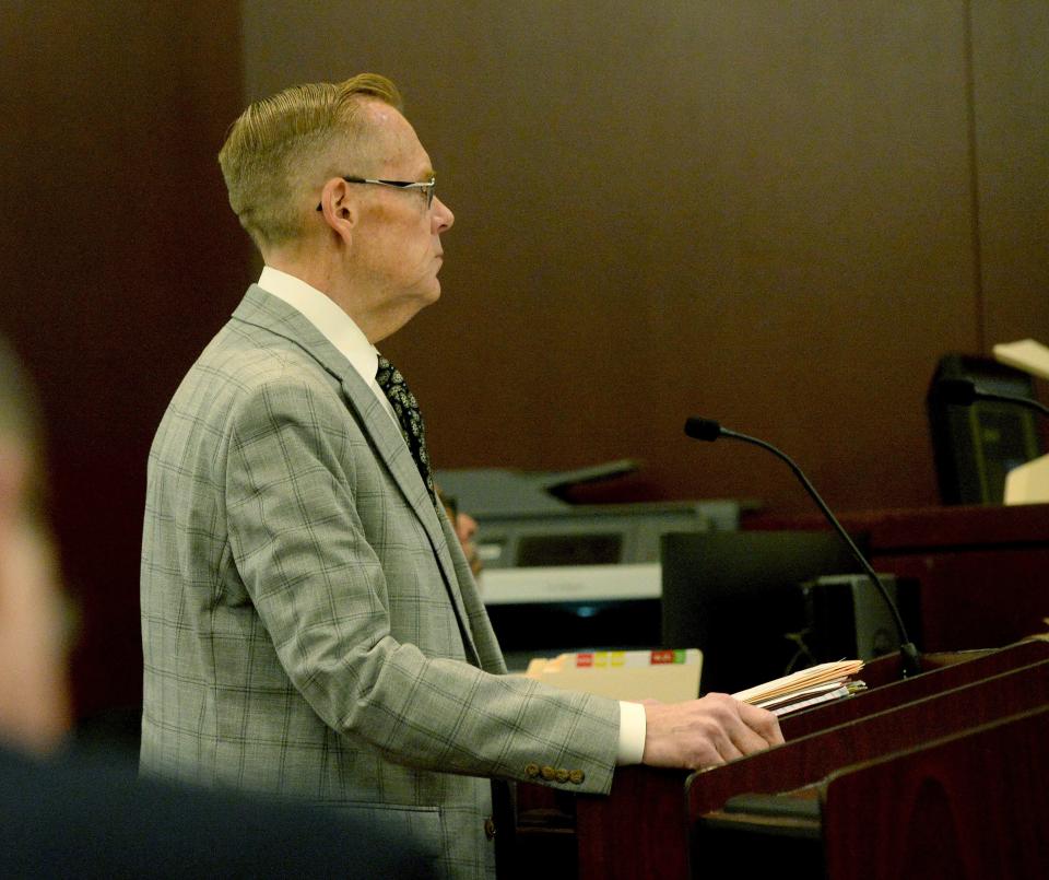 W. Scott Hanken, attorney for defendant Peggy Jill Finley, appears in court at a preliminary hearing for his client Jan. 19, 2023 in Sangamon County Circuit Court.