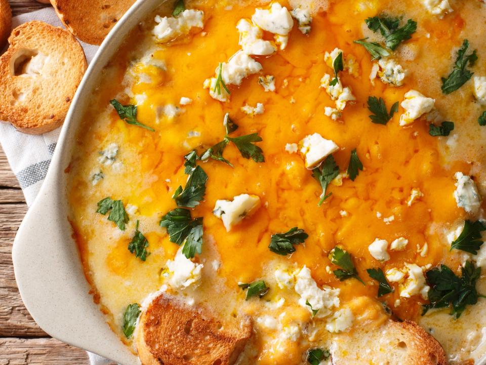 Buffalo chicken dip in a baking dish