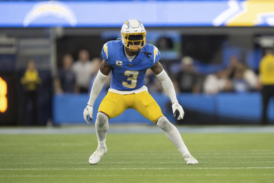 FILE - Los Angeles Chargers safety Derwin James Jr. (3) runs during an NFL football game against the Dallas Cowboys, Monday, Oct. 16, 2023, in Inglewood, Calif. James was voted one of the top five safeties at the midpoint of the season by The Associated Press. (AP Photo/Kyusung Gong, File)