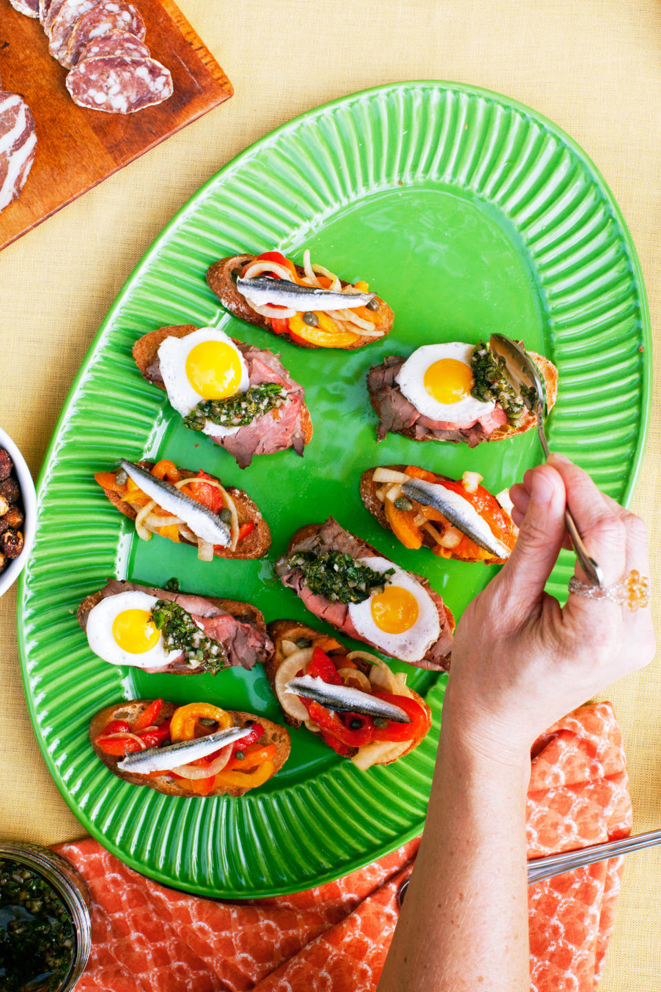 Picnic Crostini with Roasted Pepper, Onion, and Anchovy