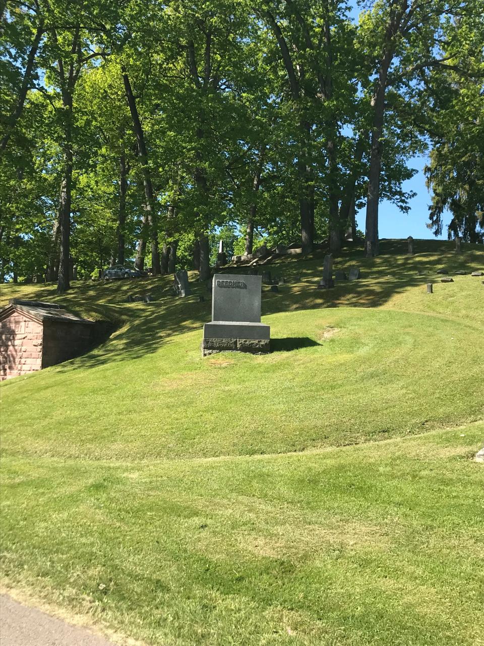 Thomas K. Beecher is buried in Woodlawn Cemetery in the only circular plot in the cemetery. The huge monument can be seen from Davis Street on the hill to the left of the Hal Roach Gate.