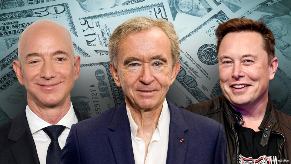 From left to right, Jeff Bezos, Bernard Arnault and Elon Musk.